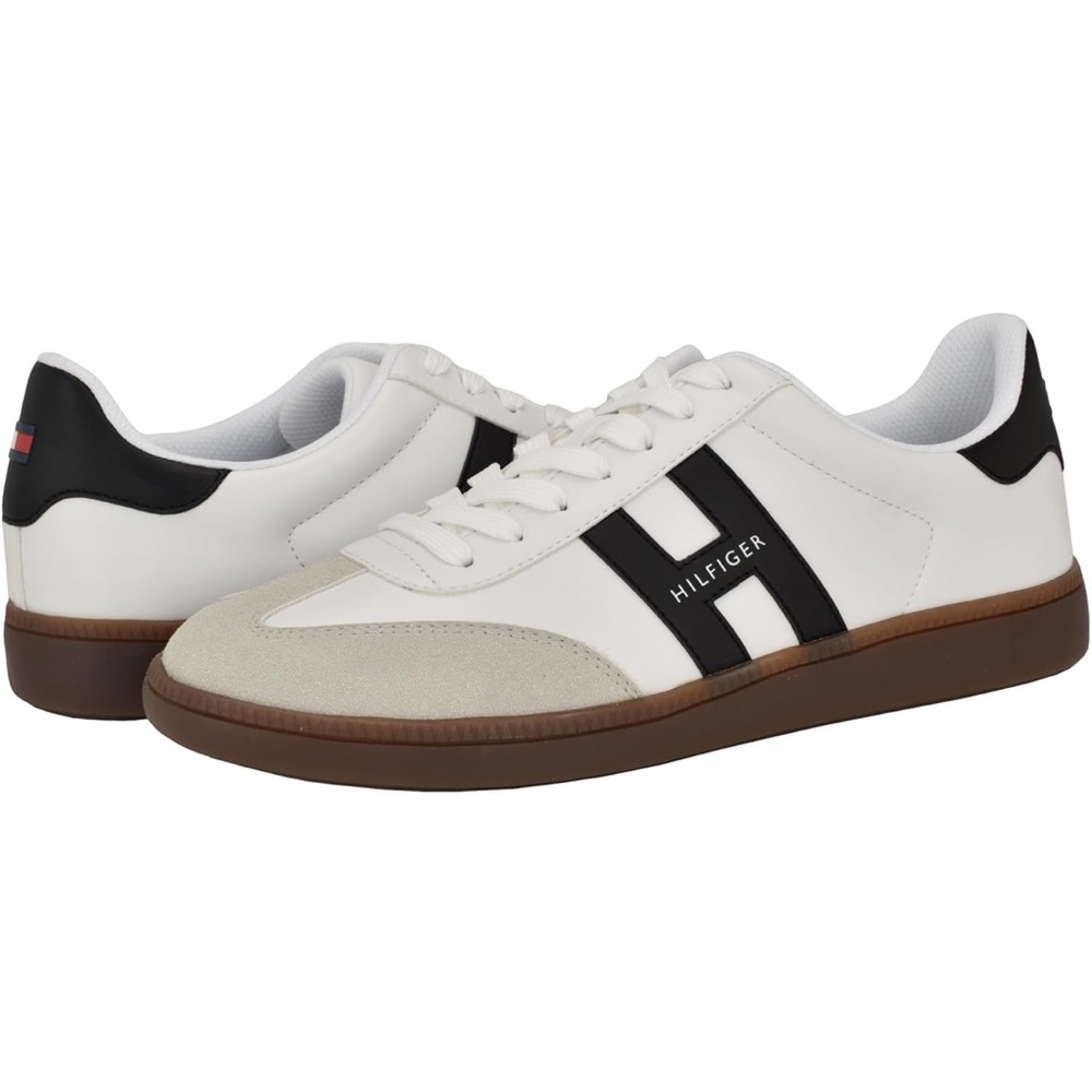 Tommy Hilfiger Men's White and Black Sneakers with Brown Sole